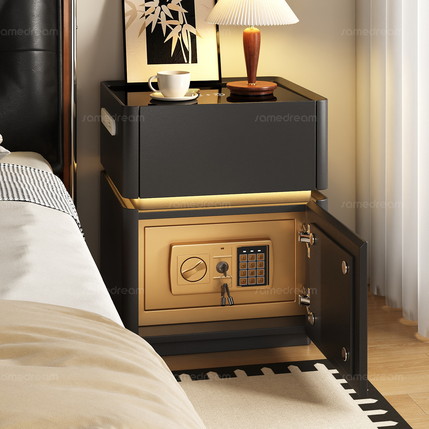 智能实木床头柜保险箱一体黑色家用卧室带锁轻奢高级感小型收纳柜,住宅家具,床头柜,淘宝优惠券,粉丝福利购,淘宝优惠卷