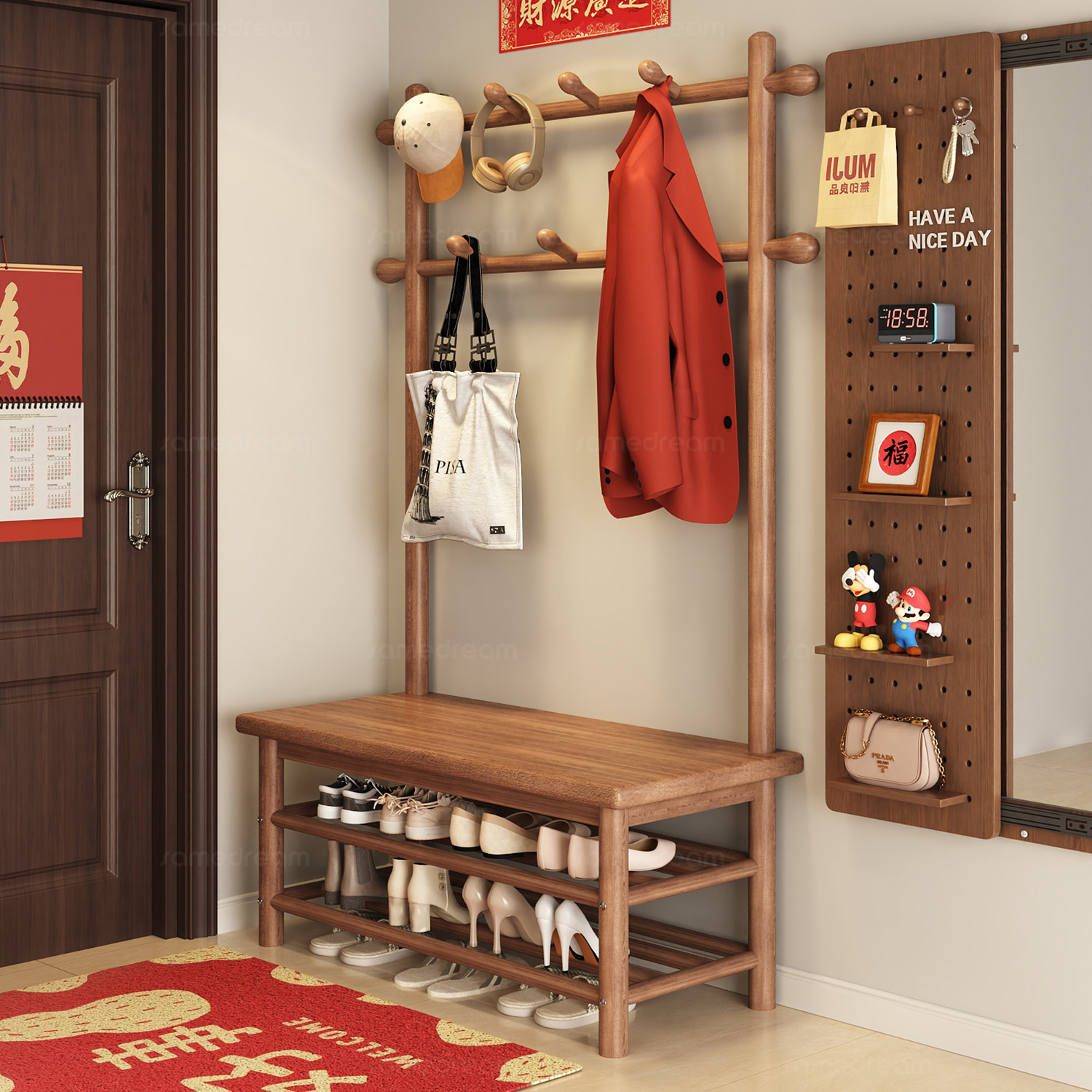 三梦实木鞋架入户门口换鞋凳穿鞋进门挂衣可坐鞋柜家用落地衣帽架,住宅家具,鞋架,淘宝优惠券,粉丝福利购,淘宝优惠卷