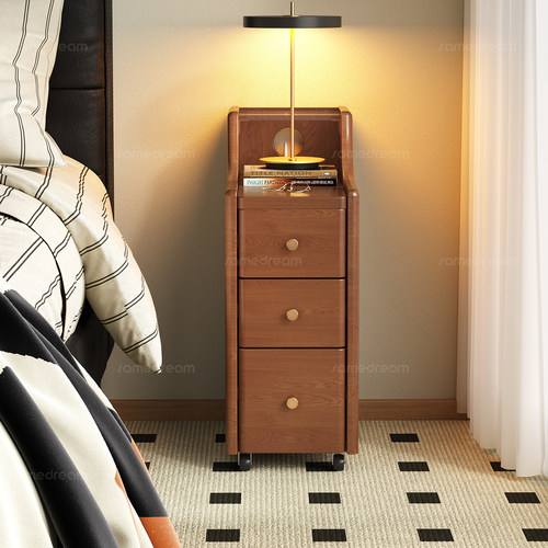 三梦极窄床头柜实木20cm可移动家用卧室中古风床边超窄夹缝小柜子