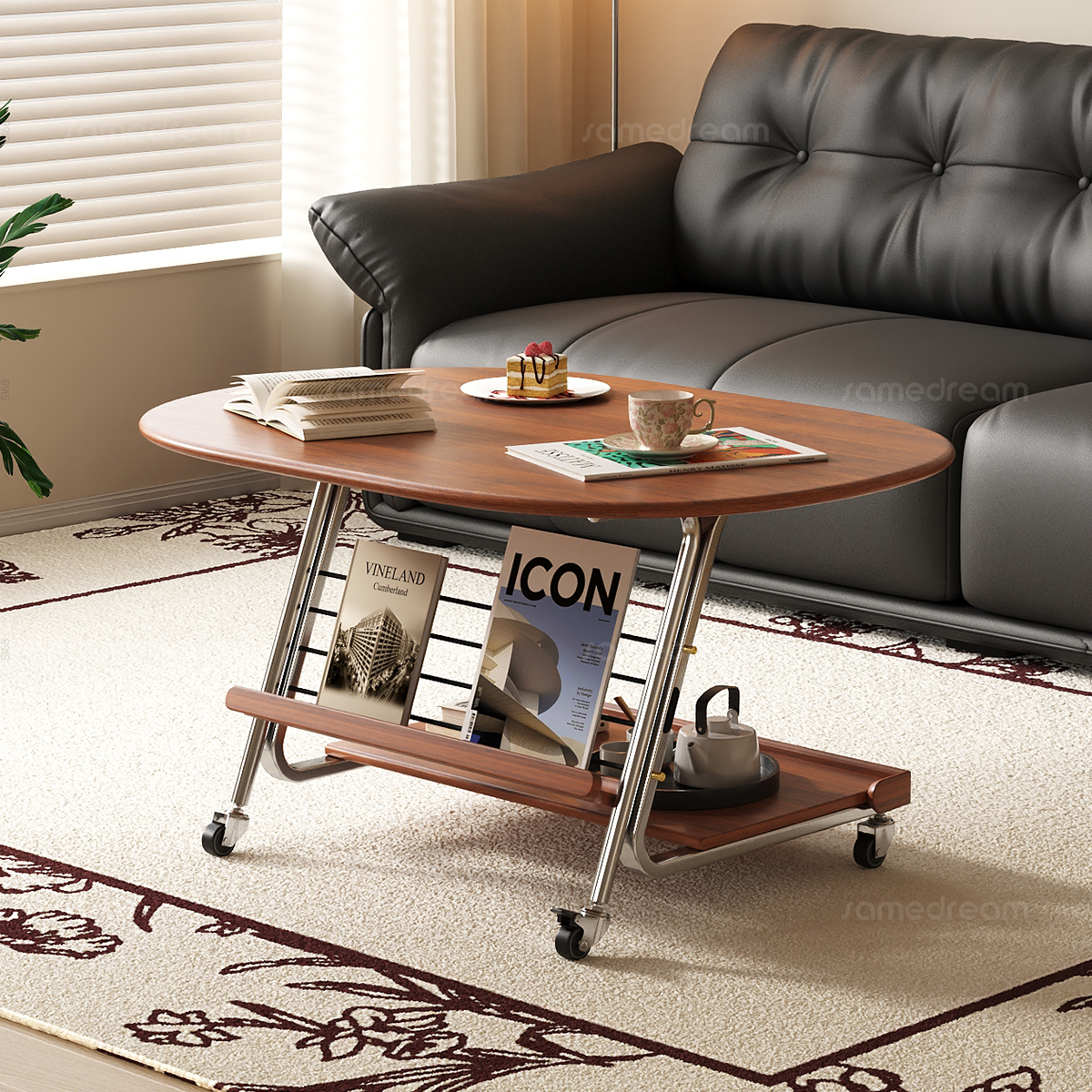 三梦现代简约小户型木质双层带轮移动储物客厅家具可移动茶几