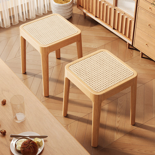 实木可叠放藤编方凳结实耐用餐椅