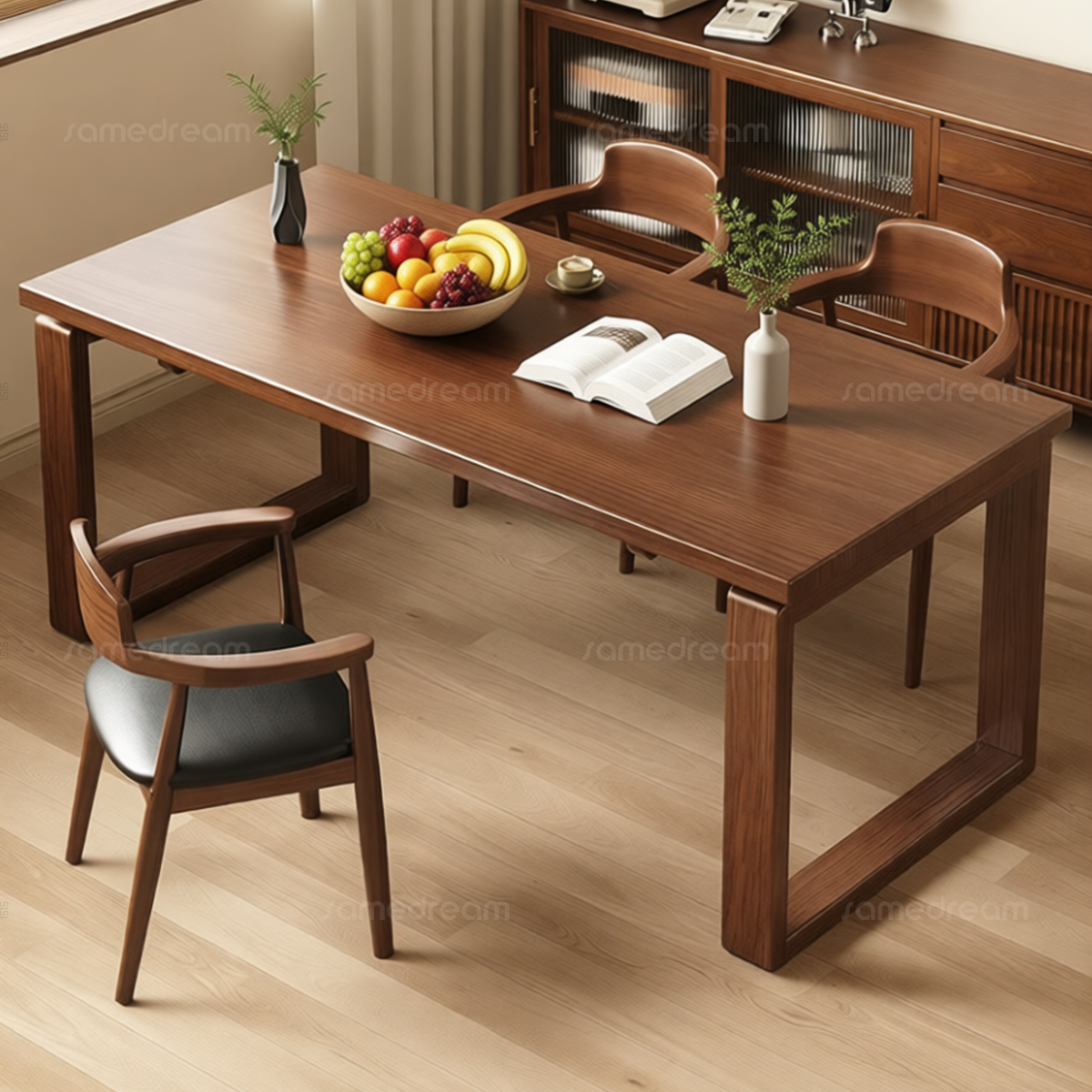 三梦全实木胡桃色长方形桌椅组合