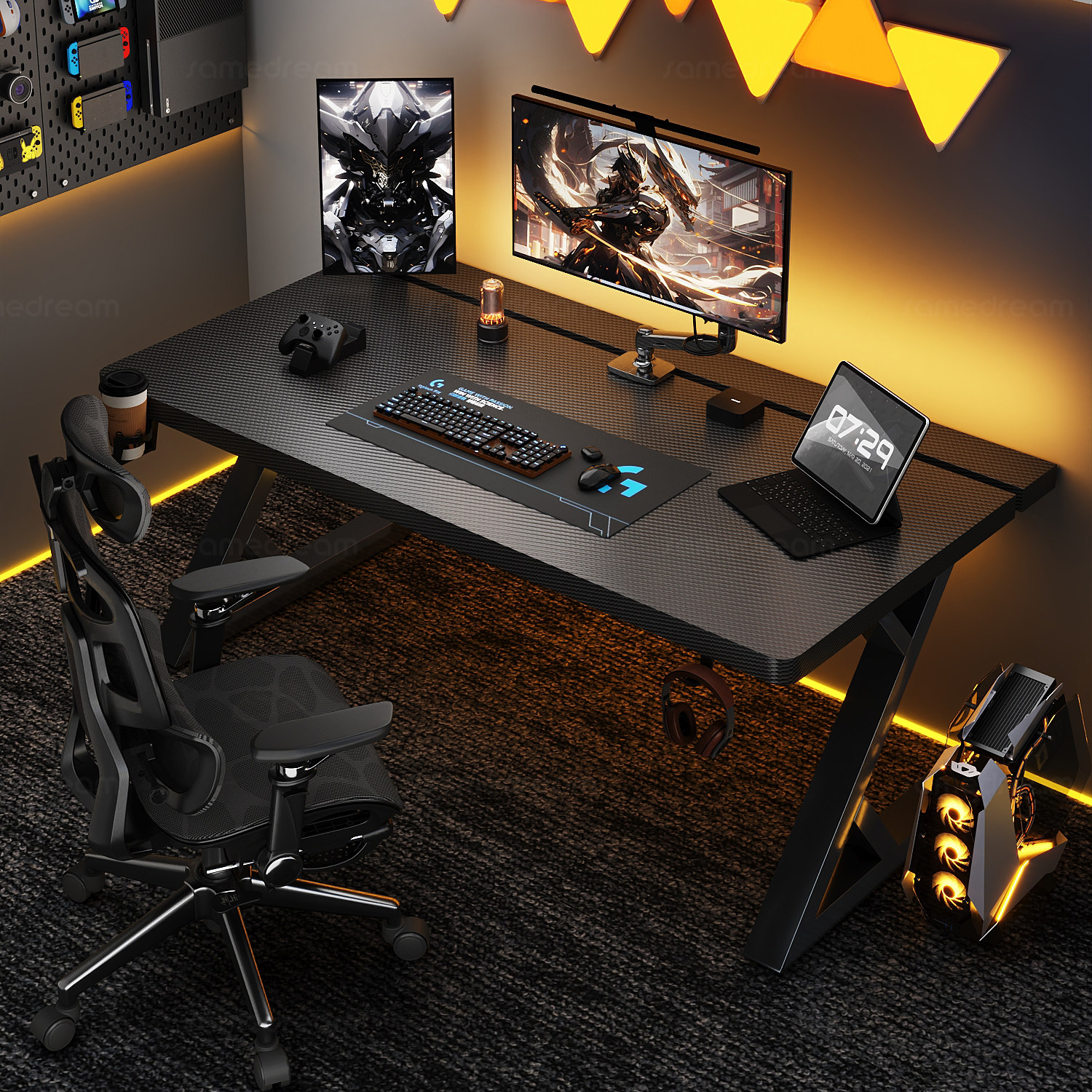 三梦实木碳纤维电脑桌一体工作台