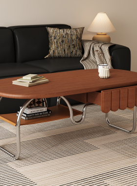 实木茶几客厅家用小户型不锈钢茶桌中古风2025新款带抽屉极简茶台