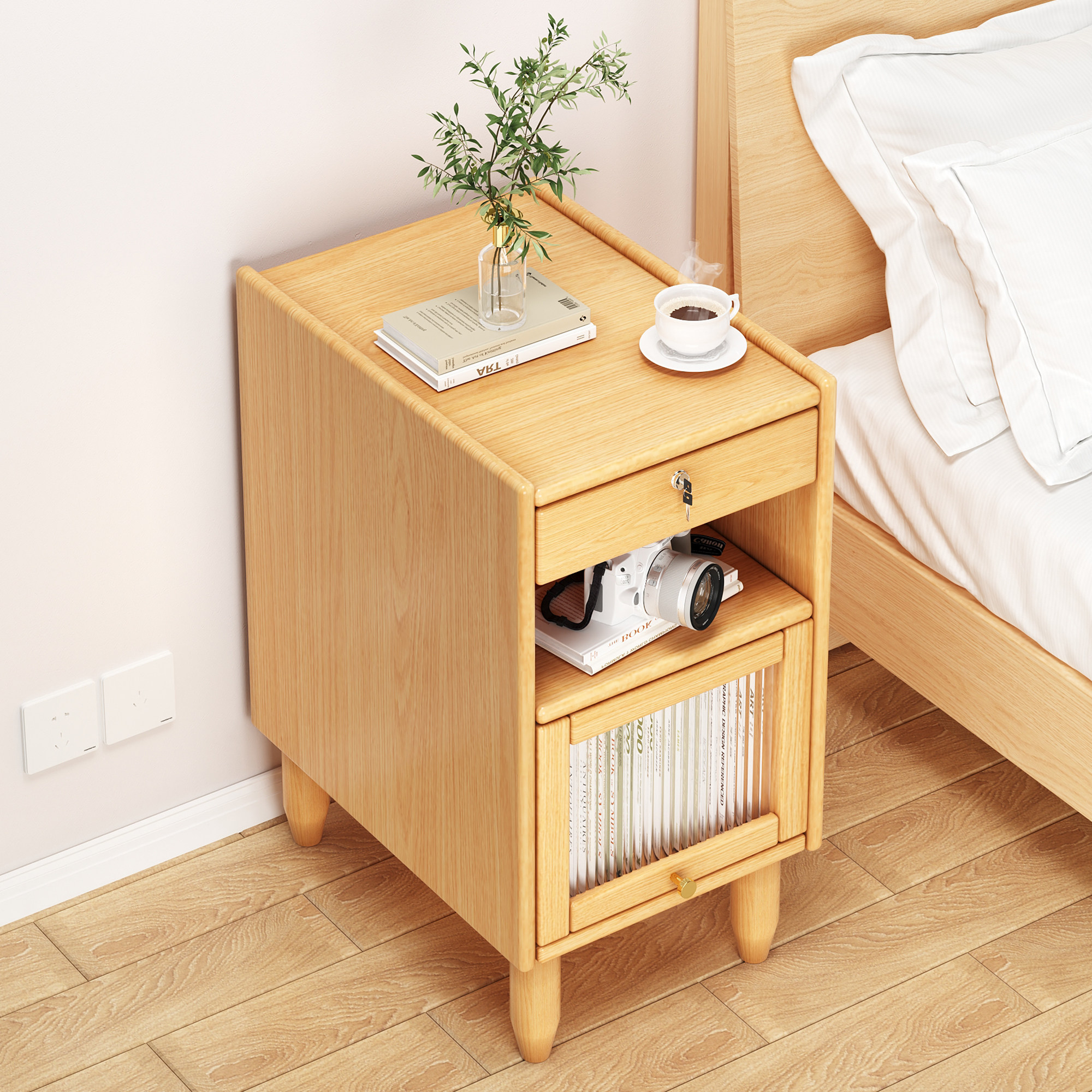 实木床头柜小型卧室储物柜超窄简易床边柜简约现代带锁置物收纳柜