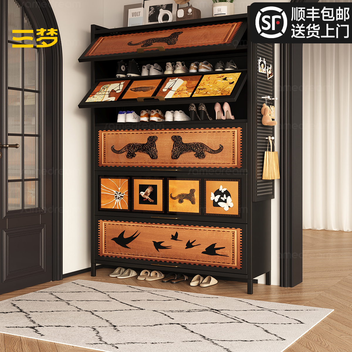 三梦中古风钢制鞋柜家用门口入户门收纳柜一体靠墙玄关大容量鞋架