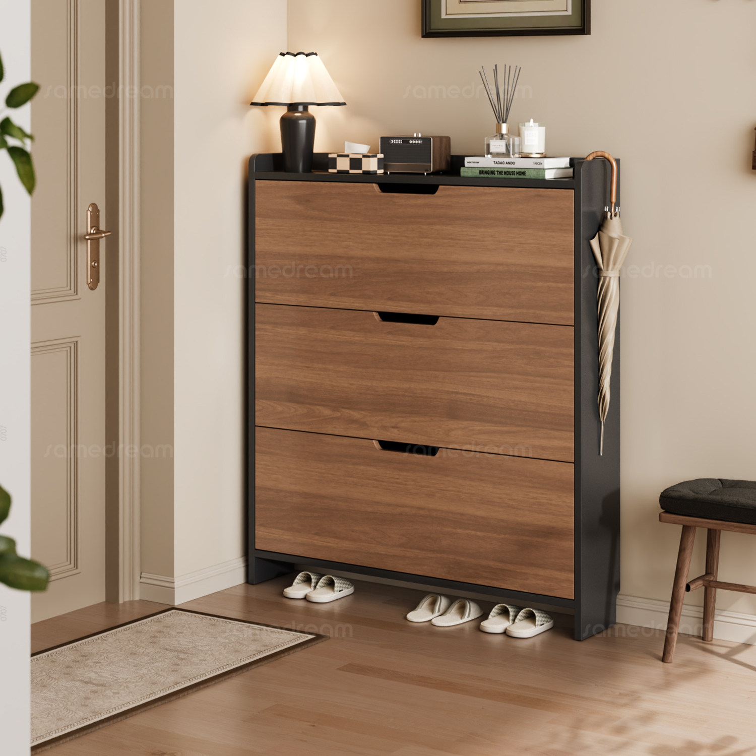 三梦实木中古风超薄鞋柜家用门口胡桃色入户玄关收纳极窄鞋柜室内