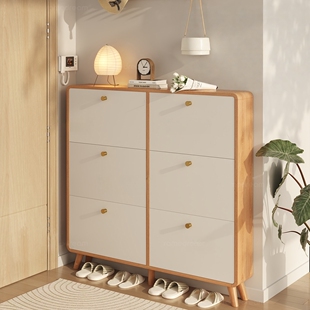 三梦实木超薄鞋柜家用小窄入户门口收纳柜一体靠墙门外走廊用鞋架