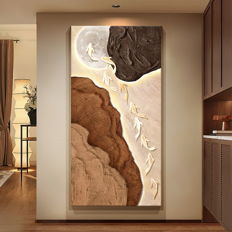 中古风九鱼图玄关装饰画 画浮雕立体肌理感走廊挂画 画高级感入户