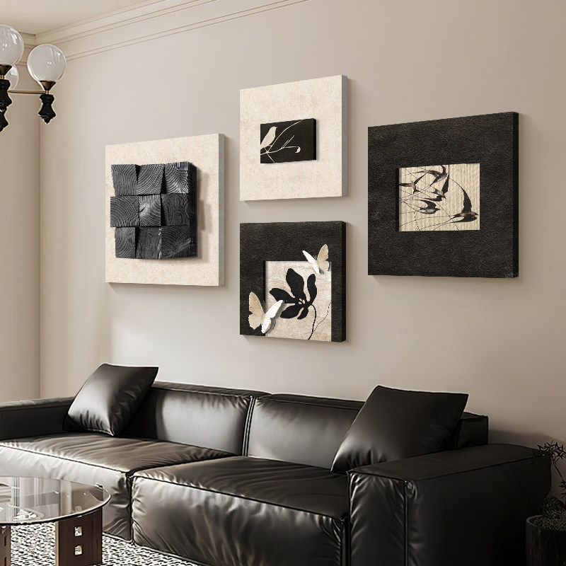 高级感客厅装饰画黑白极简抽象立体组合画中古风沙发背景墙壁挂画,家居饰品,现代装饰画,淘宝优惠券,粉丝福利购,淘宝优惠卷