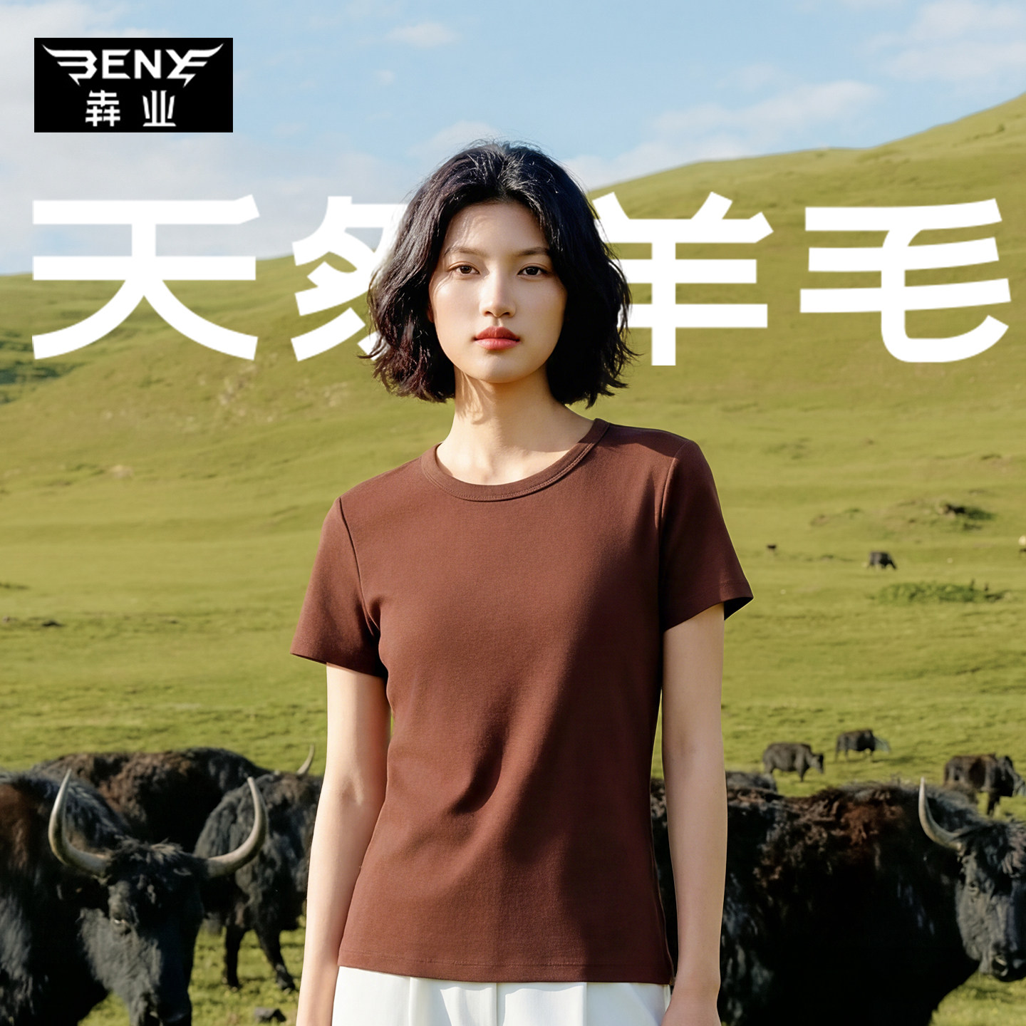 犇业天丝羊毛女圆领短袖T恤