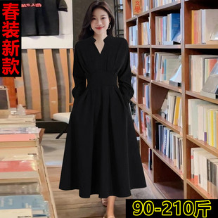 春装新款气质显瘦赫本风黑色连衣裙女胖妹妹大码显瘦通勤礼服裙子