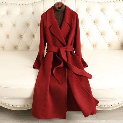 红色双面羊绒大衣女中长款