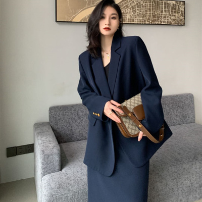 胖mm大码藏青职业西装裙子套装