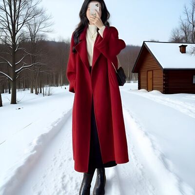 秋冬高级感双面羊绒宽松红色大衣