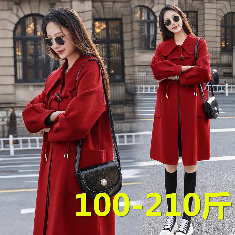 胖mm大码红色牛角扣毛呢外套女