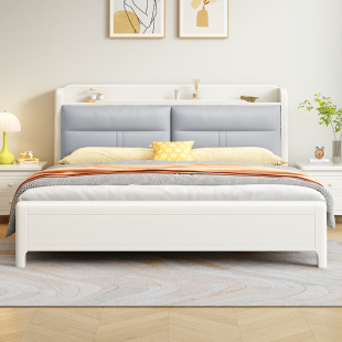 简约现代实木床1米8双人床白色卧室高箱储物1.5m真皮软包床大婚床