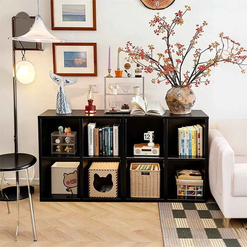 中古风实木格子柜书柜客厅沙发侧边柜靠墙一体八格柜收纳置物书架,住宅家具,书架,淘宝优惠券,粉丝福利购,淘宝优惠卷