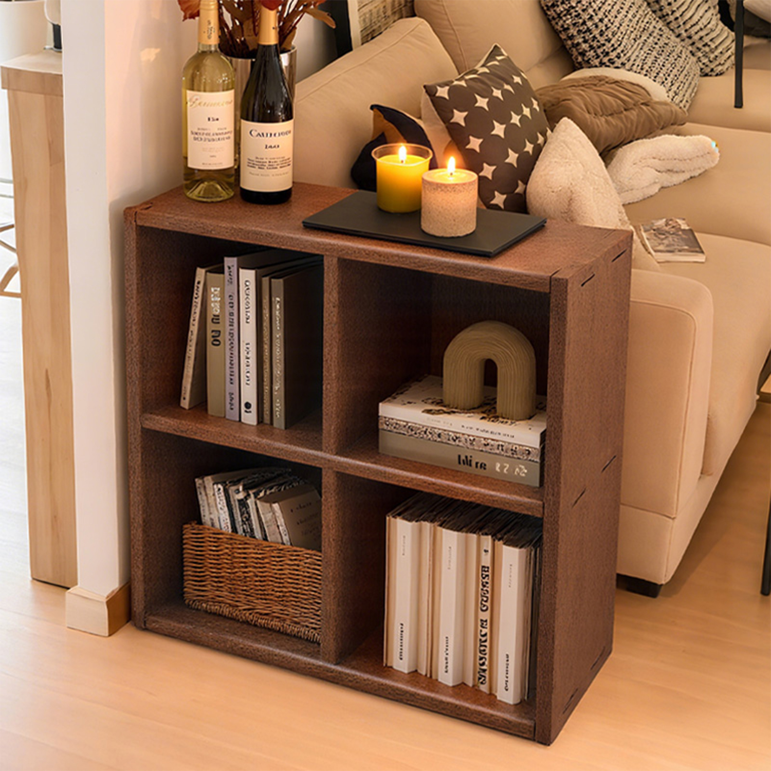 实木书架落地胡桃木色格子书柜