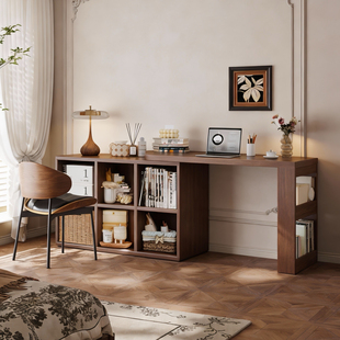 实木书桌书架斗柜一体中古风梳妆台家用卧室化妆桌收纳柜床尾桌子