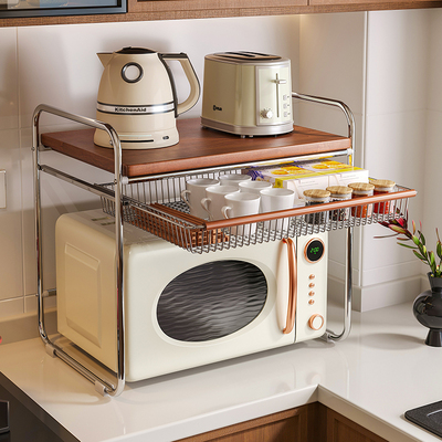 中古实木厨房微波炉置物架多功能家用台面电饭煲锅一体收纳支架子