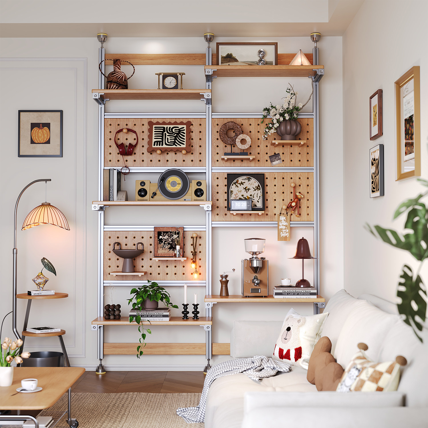 铝型材顶天立地洞洞板实木置物架免打孔木质装饰架子沙发边收纳架