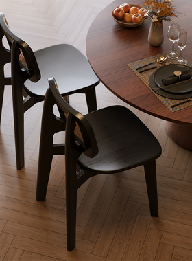 中古藤编餐椅家用极简茶桌靠背椅子法式复古设计师黑色实木餐桌椅