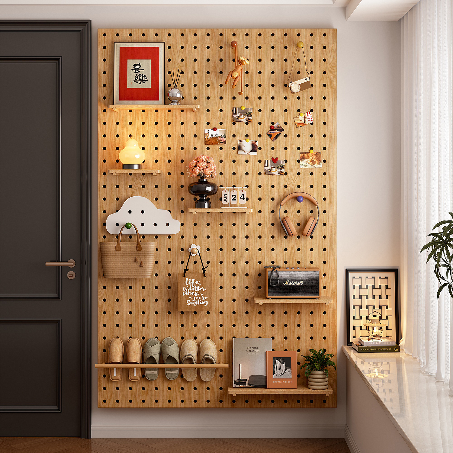 进口级实木洞洞板墙面展示收纳架