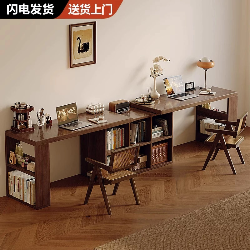 双人书桌书架一体办公桌子工作台图片