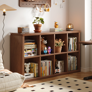 实木书柜储物柜一体胡桃木色格子柜客厅中古风组合收纳矮柜置物架