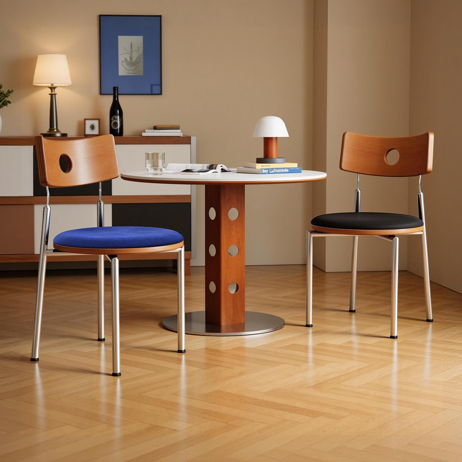 中古风餐椅法式复古高级感不锈钢贝格包豪斯家用实木靠背餐桌椅子