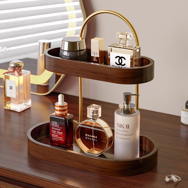 化妆品收纳盒桌面香水口红置物架多层实木梳妆台护肤品首饰收纳架