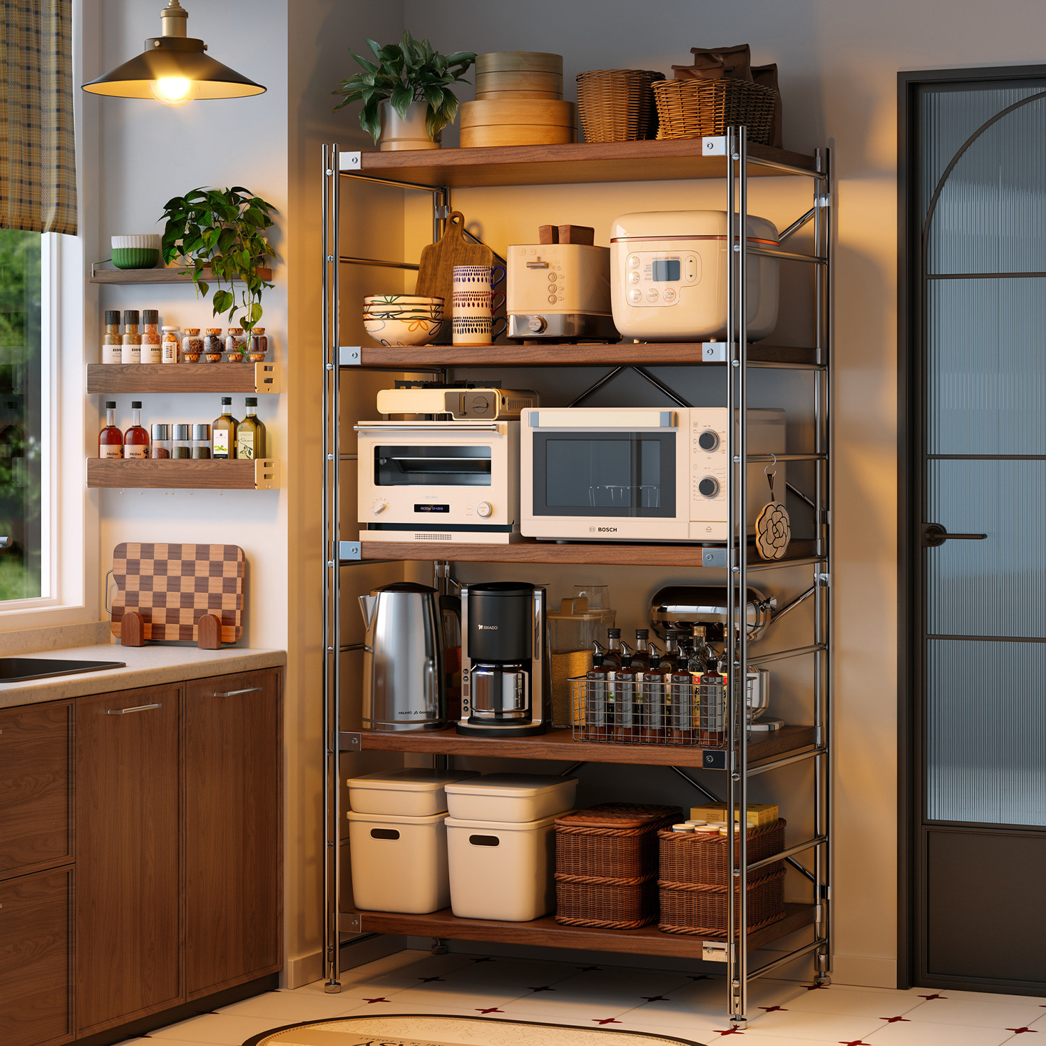 厨房置物架落地多层中古风微波炉收纳架多功能家用锅架烤箱储物架