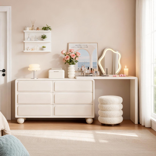 【高颜值】奶油风梳妆台斗柜一体