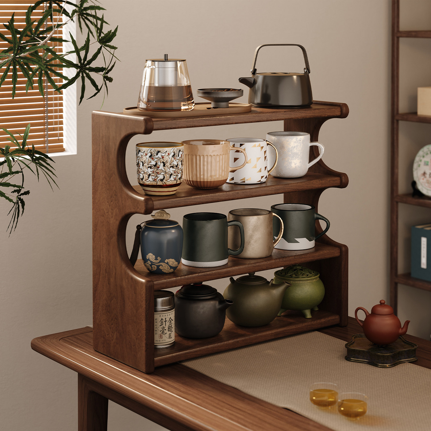 实木茶杯架子新中式茶具茶壶茶桌桌面杯子收纳置物架博古架展示架