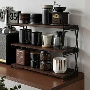 折叠水杯架中古风不锈钢桌面咖啡杯茶杯实木咖啡角杯子收纳置物架