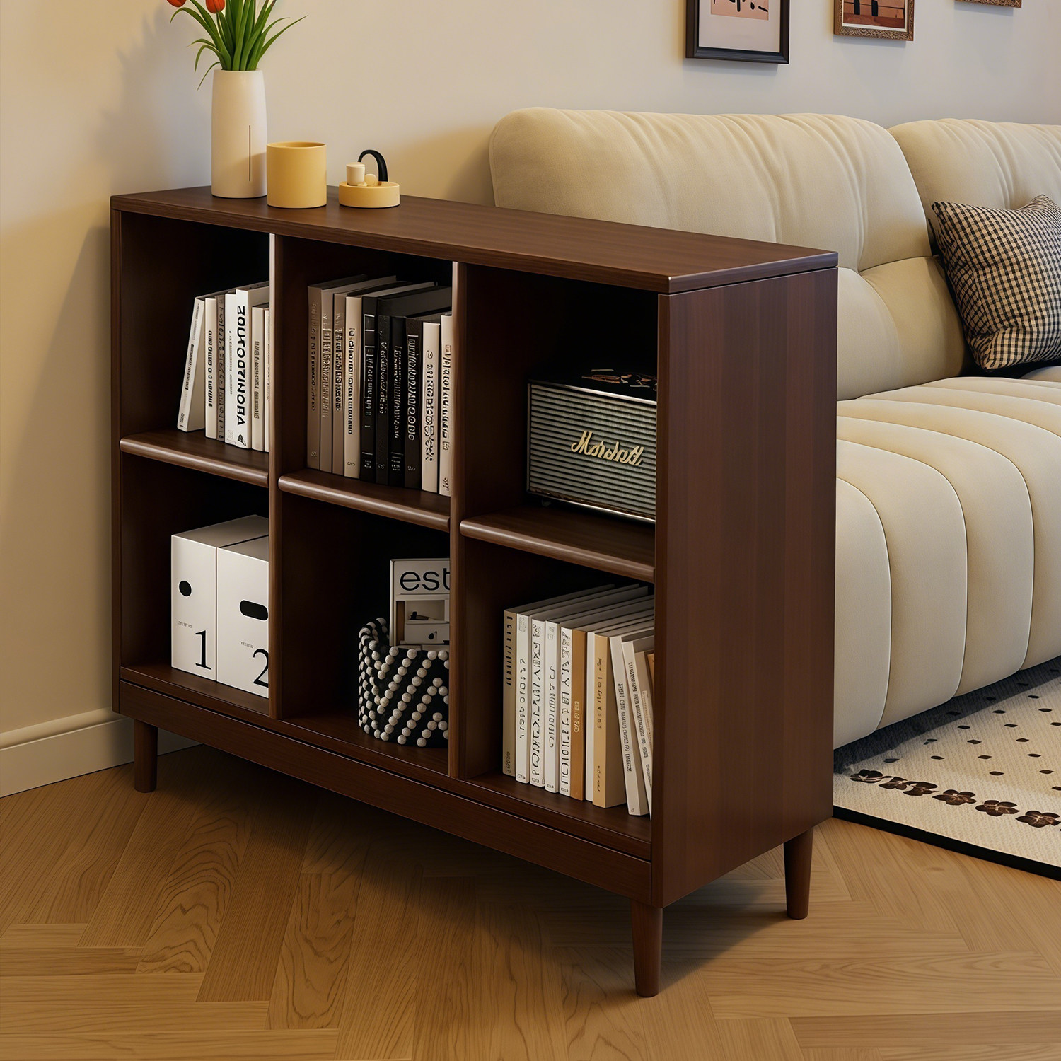 实木沙发边柜客厅玄关隔断柜矮书柜一体靠墙六格置物柜收纳小书架
