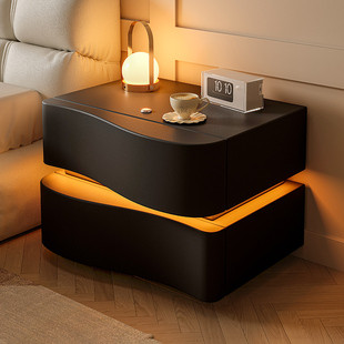 设计感创意床头柜黑色带灯家用卧室2026热卖免安装网红高级床边柜