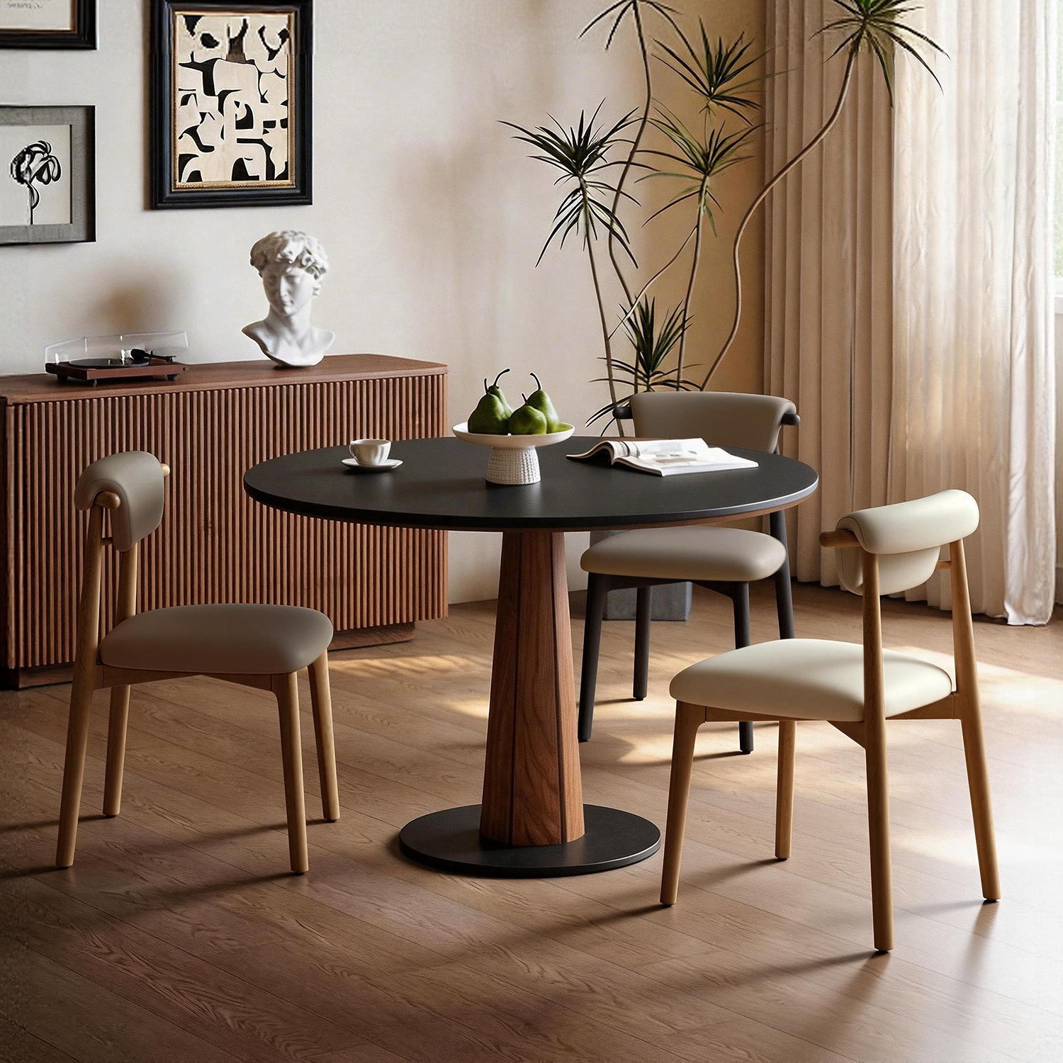 复古实木餐椅家用餐桌椅中古风软包靠背椅北欧吃饭椅子简约餐凳子