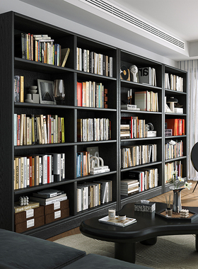 美式黑色全实木家用书架整墙一体落地置物架靠墙客厅储物组合书柜