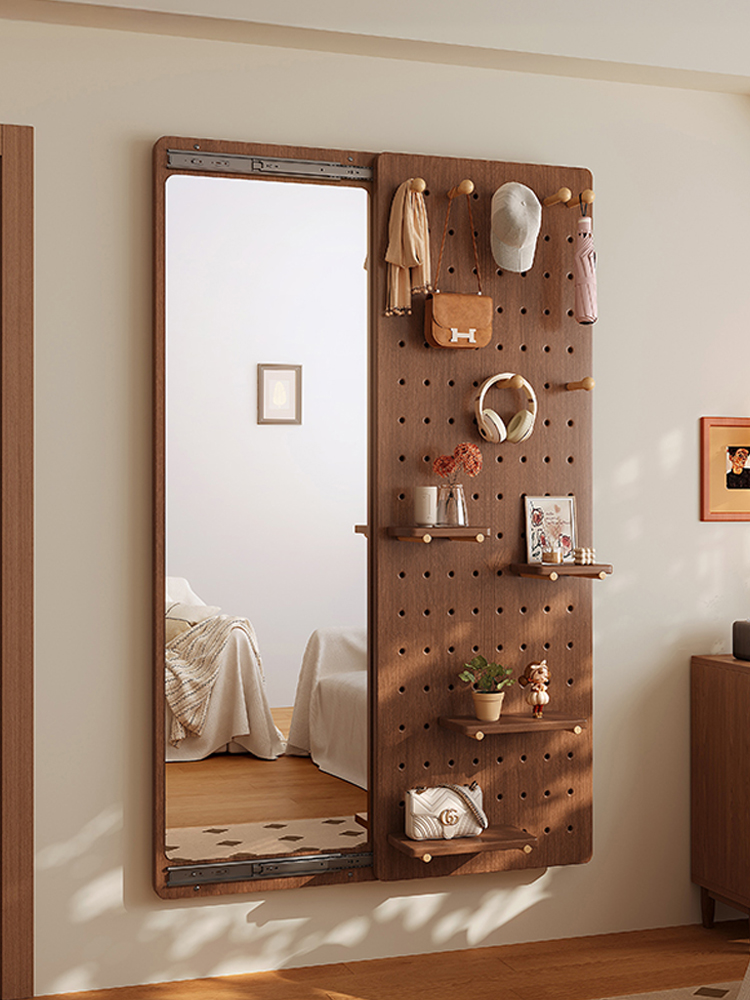 实木洞洞板置物架穿衣镜一体门后造型墙面全身镜墙上入户玄关衣架