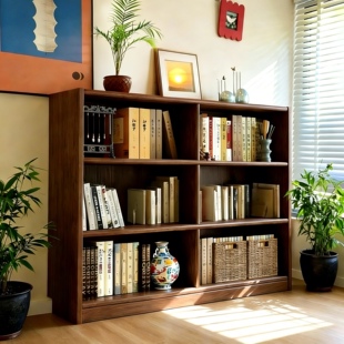 实木书架书房书本收纳置物架大容量靠墙一体储物格子柜落地矮书柜