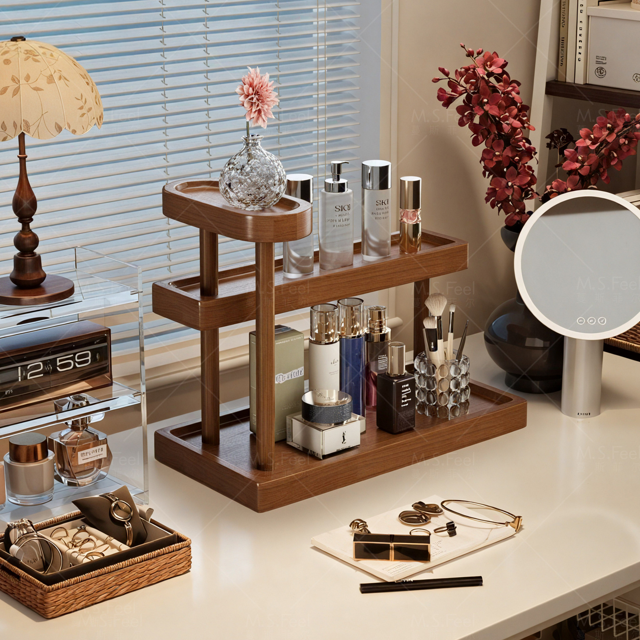 化妆品置物架玄关实木复古梳妆台面首饰托盘香水展示架桌面收纳盒,收纳整理,桌面收纳盒,淘宝优惠券,粉丝福利购,淘宝优惠卷
