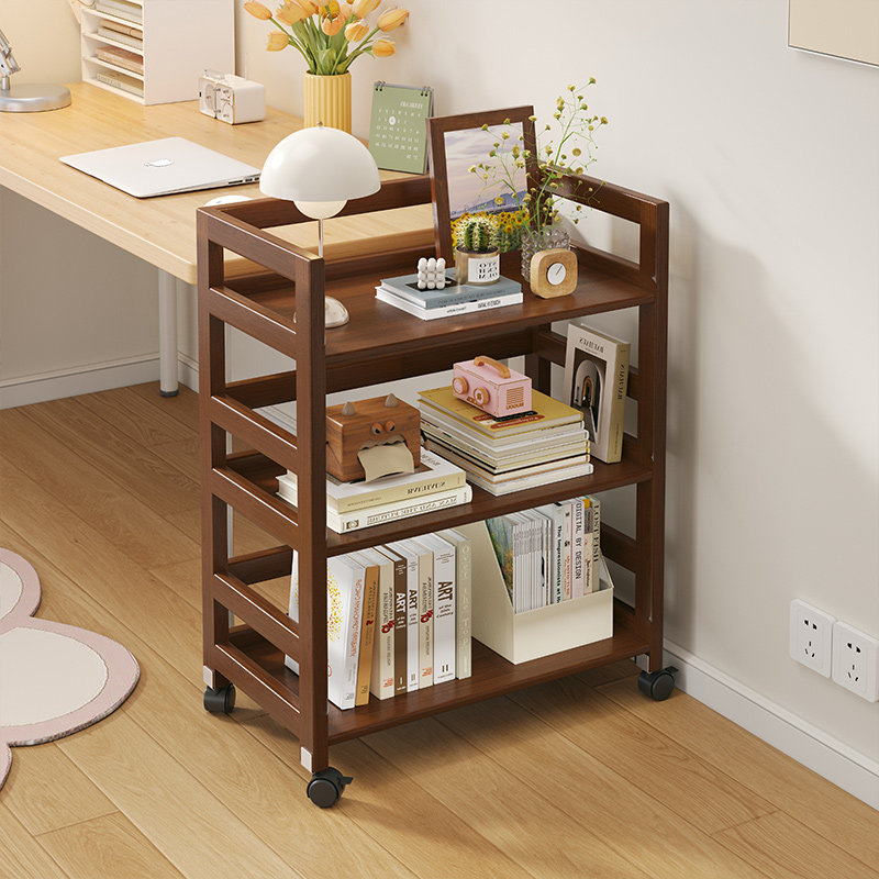 全实木移动书架带轮小推车置物架