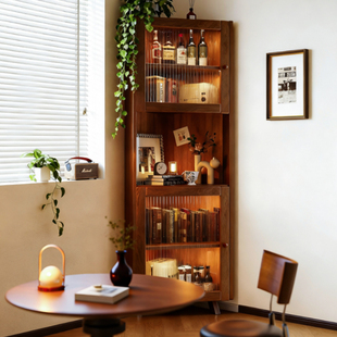 实木酒柜客厅一体酒架展示柜落地玻璃小酒架靠墙储物架三角收纳柜