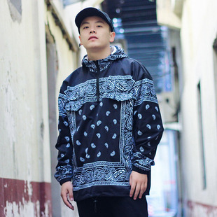 高街头西海岸腰果花拼接连帽冲锋衣嘻哈潮男女外套情侣装oversize