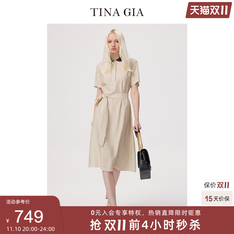 TINA GIA天纳吉儿秋季桑蚕丝杏糖色温柔复古波点娃娃领连衣裙