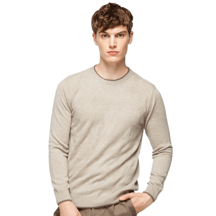 圣雪绒秋冬新款纯羊绒衫男圆领休闲缎带纹休闲长袖针织套衫