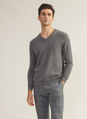 圣雪绒2021秋冬新款男V领纯色羊绒衫简约基础款长袖针织衫