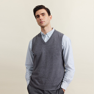 圣雪绒23秋冬新款 套头针织背心 男V领纯色混纺羊绒背心基础款
